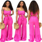 Sexy 2 Piece Set Women Crop Top and Wide Leg Pant Summer Festival Clothing Club Outfits Plus Size Two Pcs Matching Sets