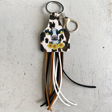 Western Style Leather Keychain Sun Flower Leopard Pattern Cow Brand Leather Tassel Handmade Popular Jewelry